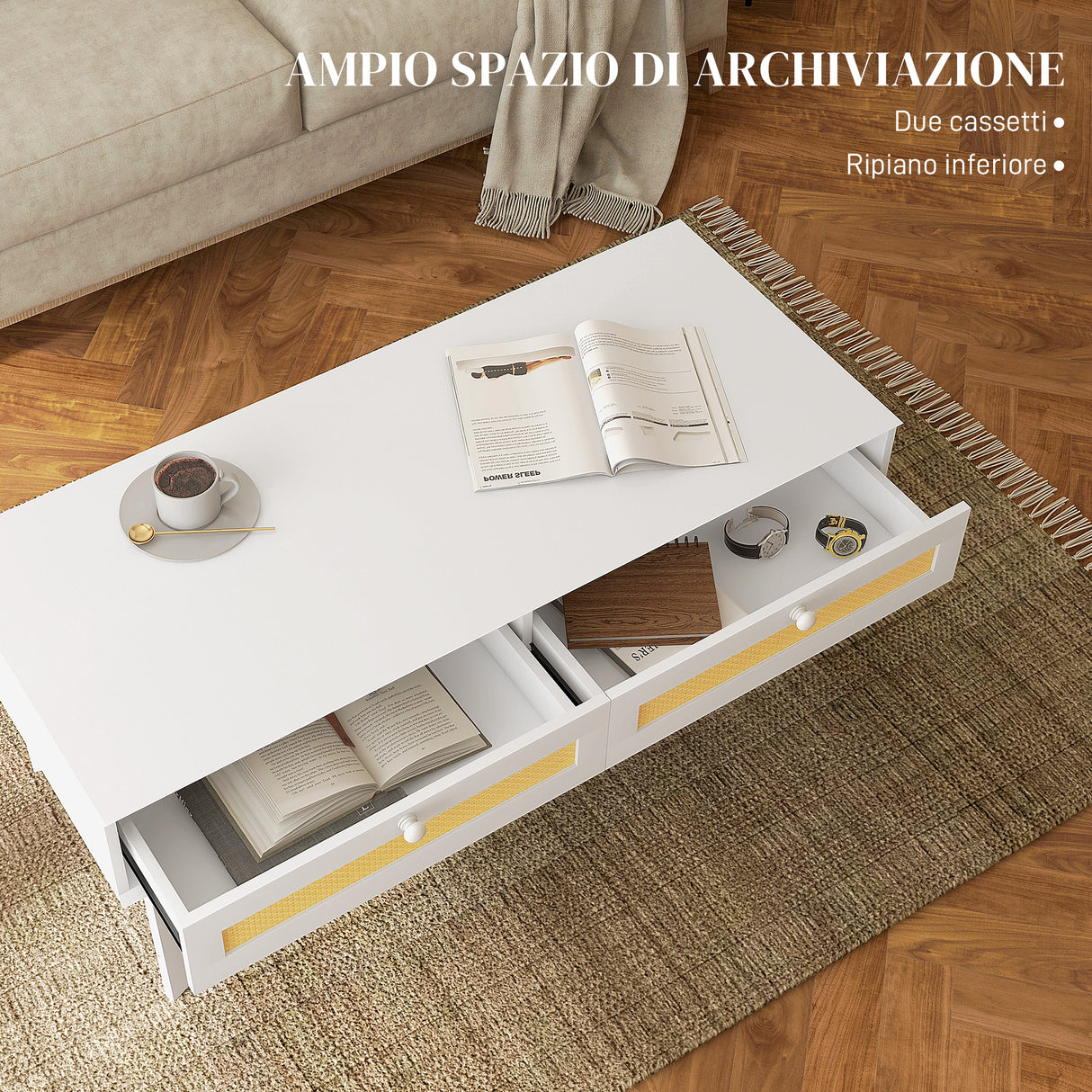 easycomfort easycomfort tavolino da caffe boho con 2 cassetti e ripiano in rattan e truciolato 120x50x50 cm bianco e color legno