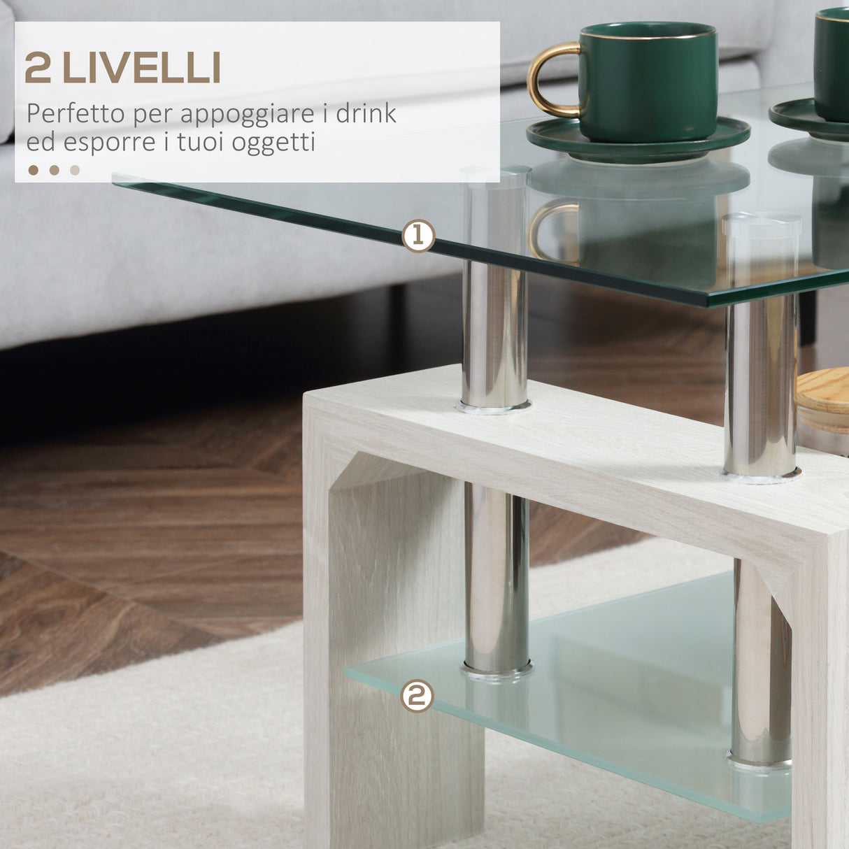 easycomfort easycomfort tavolino da caffe moderno a 2 livelli in vetro e legno 90x50x42cm bianco
