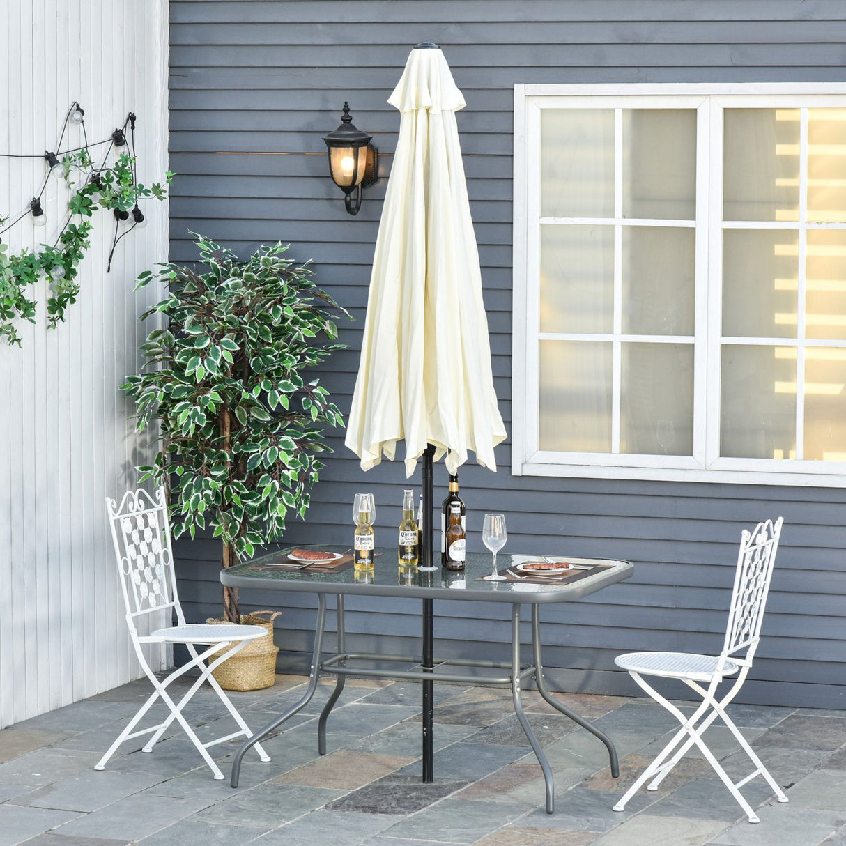 easycomfort easycomfort tavolo da giardino con foro per ombrellone arredamento da esterno in metallo e vetro 120x80x70cm grigio ean 8054144131580