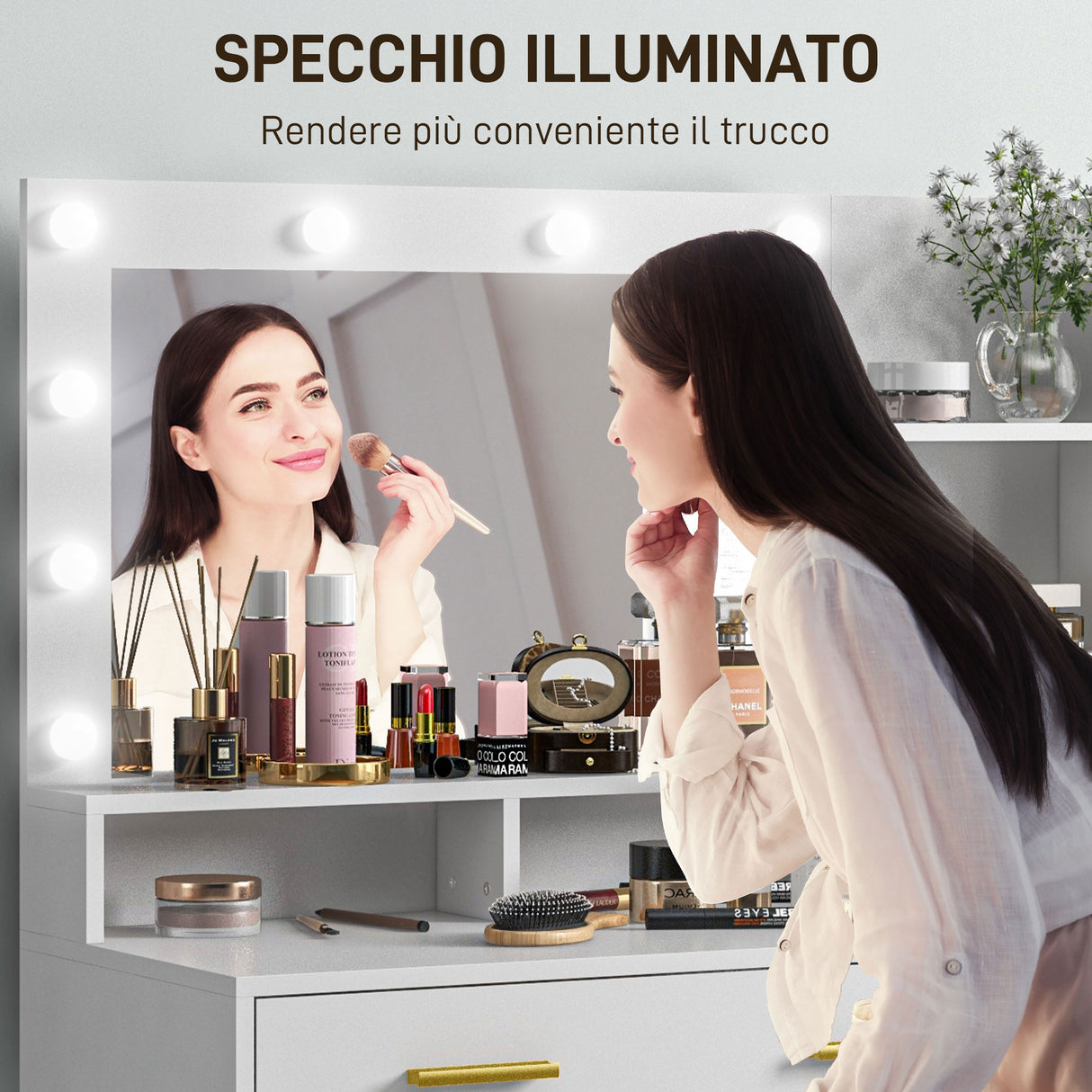 easycomfort easycomfort tavolo da trucco in legno con 4 cassetti 6 ripiani aperti e specchio 100x40x138 cm bianco
