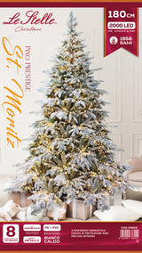 le stelle albero di natale pino verde innevato h 180cm x l 130cm super folto effetto real touch con 2000 luci led incorporate e base croce in ferro pieghevole