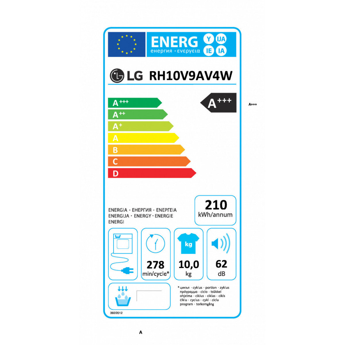 asciugatrice smart dual inverter heat pump 10 kg lg rh10v9av4w eco hybrid allergy care classe a+++ 38262