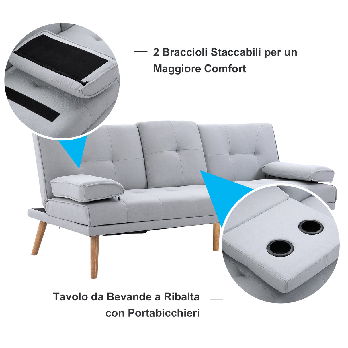 easycomfort easycomfort divano letto 3 posti stile scandinavo reclinabile con tavolino a ribalta 181x77x88 cm grigio ean 8054144132129
