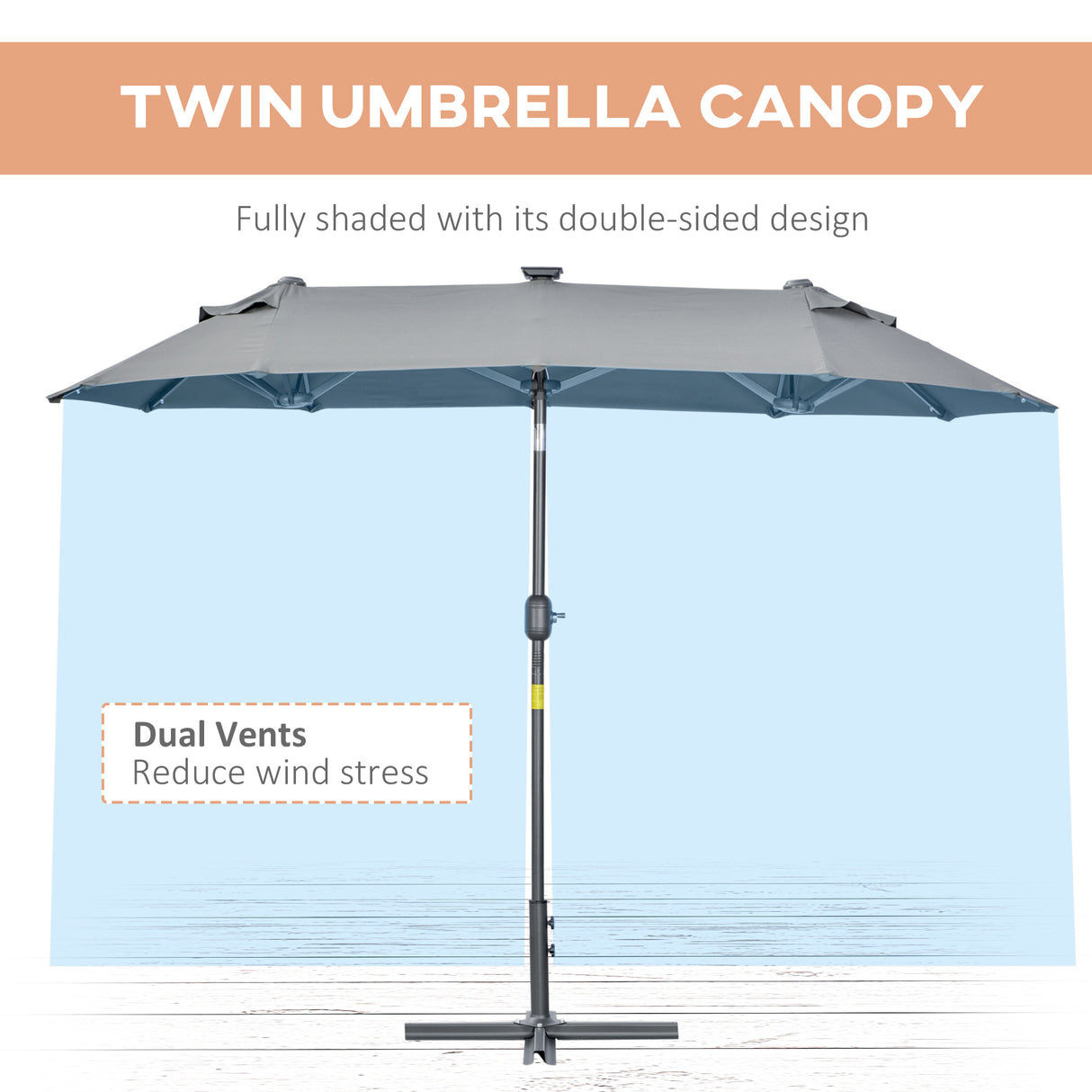 easycomfort easycomfort ombrellone doppio con base a crocee luci solari 295x150x219cm grigio
