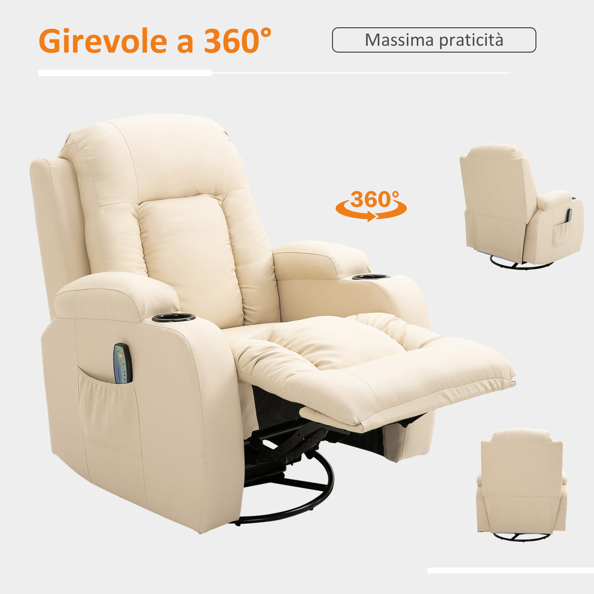 easycomfort easycomfort poltrona massaggiante a 8 punti reclinabile con portabicchieri e telecomando 85x94x104 cm beige