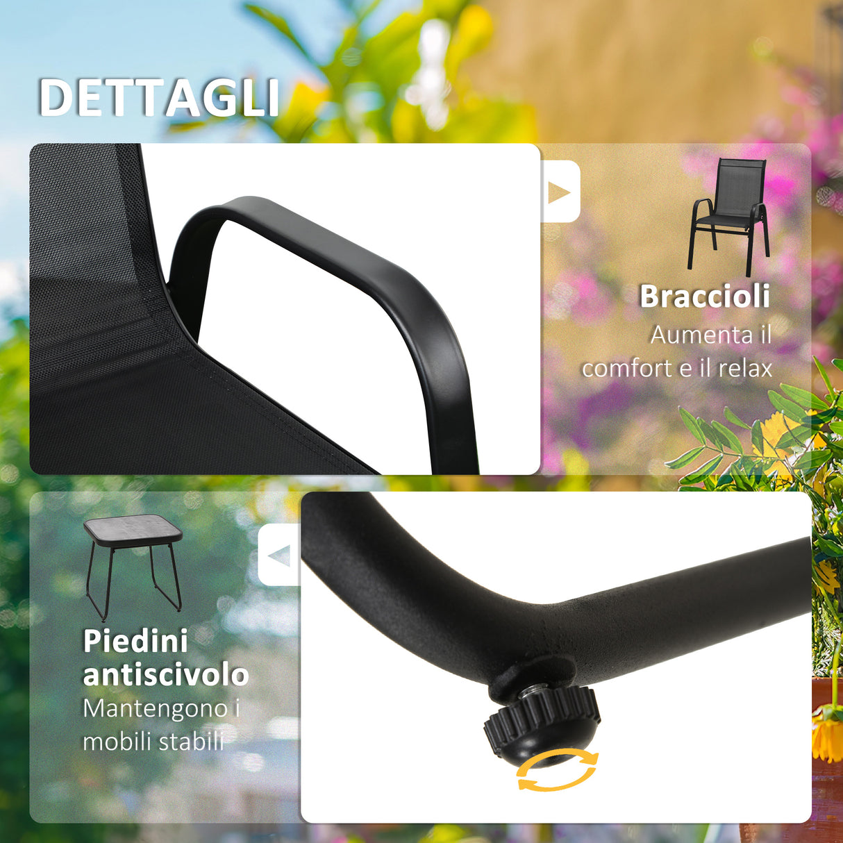 easycomfort easycomfort set da giardino 3 pezzi con tavolino e 2 sedie impilabili in acciaio e tessuto traforato nero