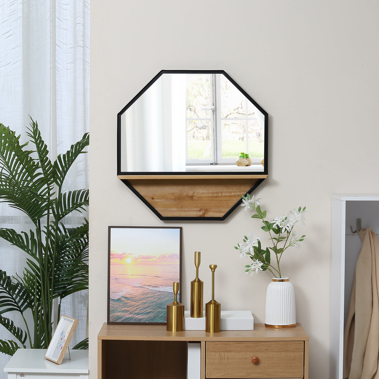 easycomfort easycomfort specchio da parete ottagonale in metallo con mensola in legno 61x61cm nero
