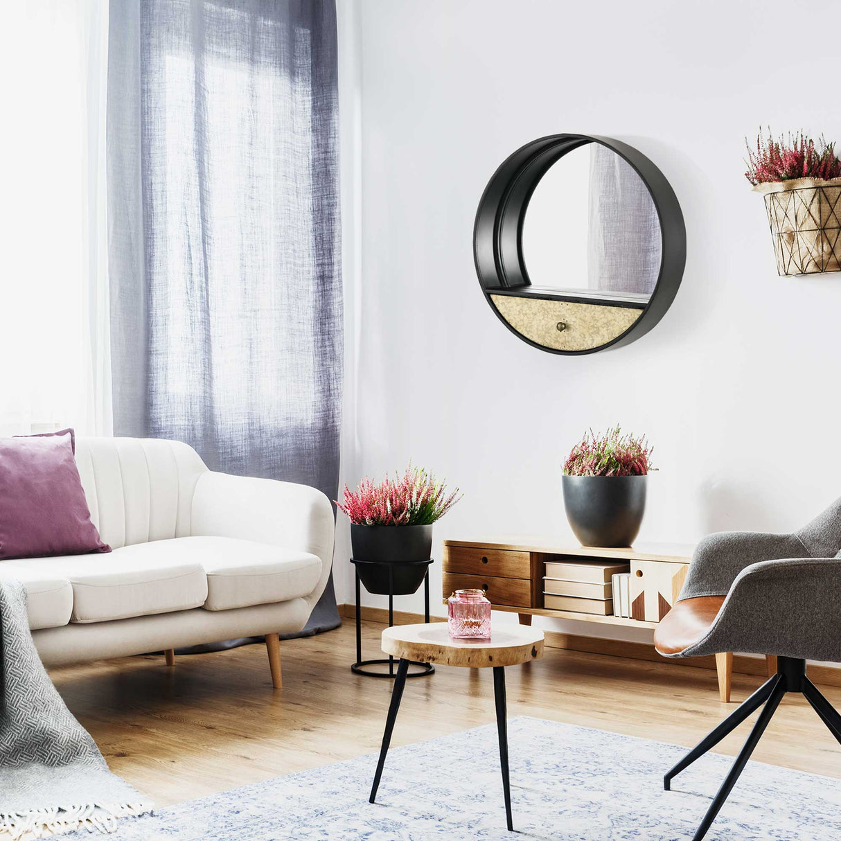 easycomfort easycomfort specchio da parete rotondo da 61cm con cassetto e cornice in metallo nero