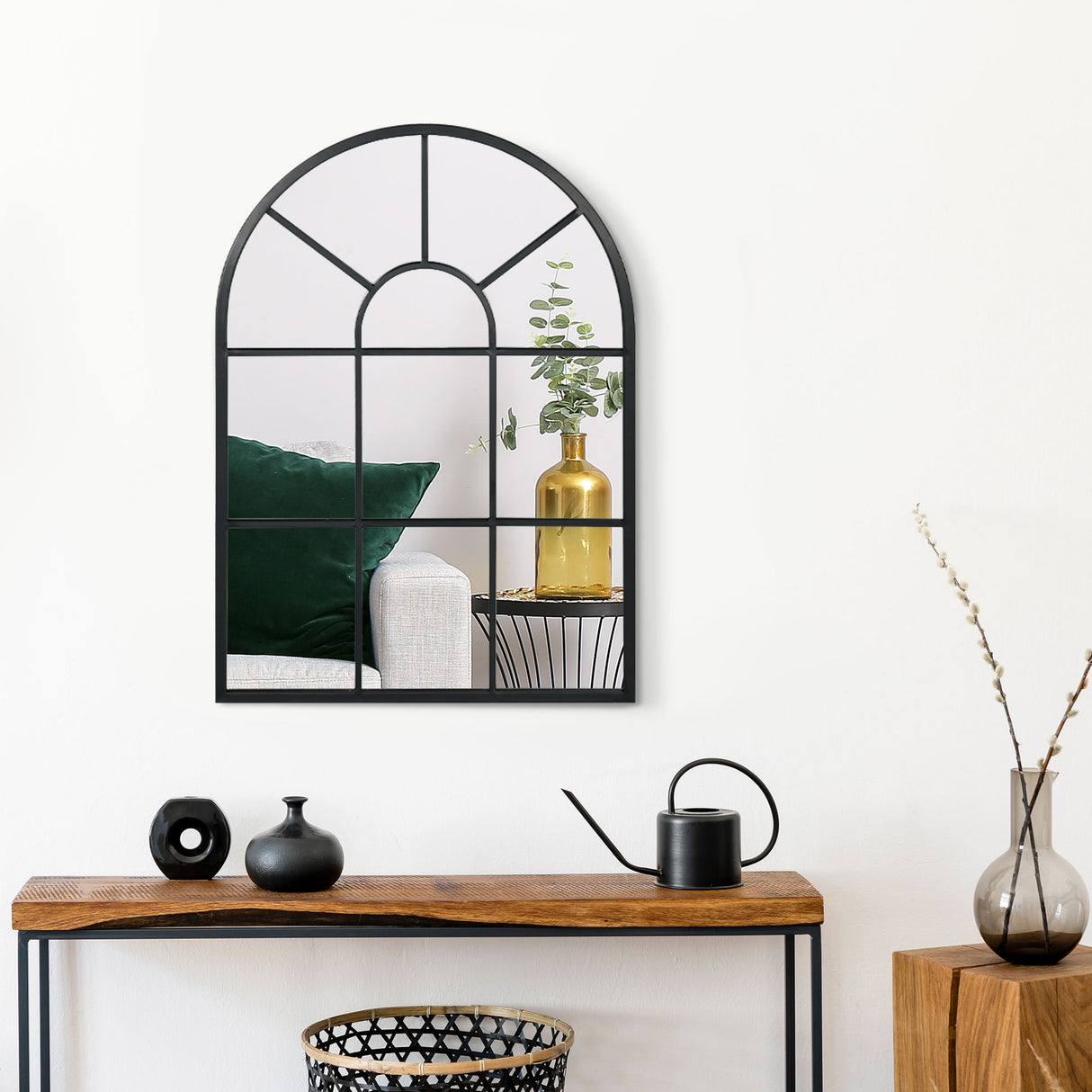 easycomfort easycomfort specchio moderno a parete e a forma di arco 70x50 cm per camera da letto e soggiorno in metallo nero e vetro