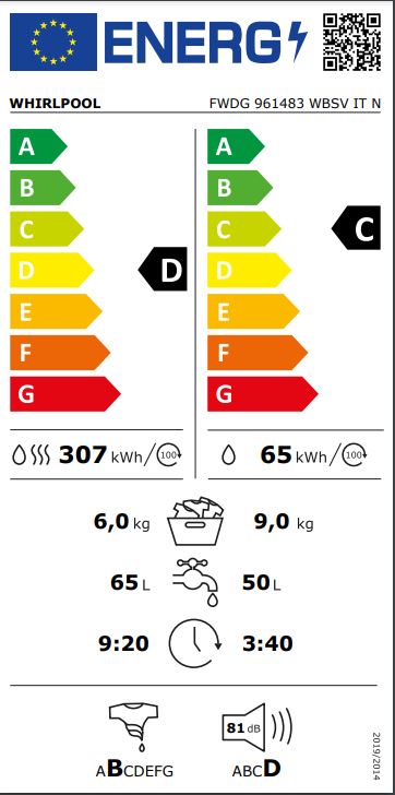 lavasciuga a libera installazione whirlpool 9 + 6 kg fwdg 961483 wbsv it n 1400 giri tecnologia 6 senso steamcare wash dry classe d