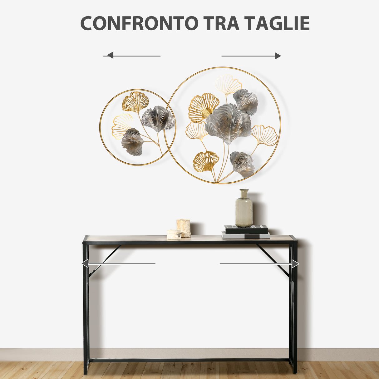 easycomfort easycomfort decorazione murale 3d in metallo wall art dorata con ginkgo in due cornici rotonde 102x66 2cm oro e argento