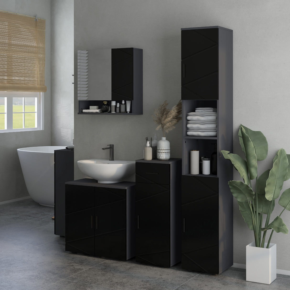 easycomfort easycomfort mobiletto bagno in truciolato con cassetto e armadietto a 2 livelli regolabili 30x30x82 cm nero e grigio