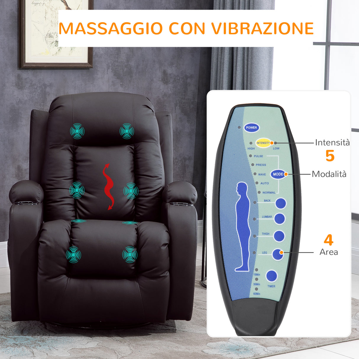 easycomfort easycomfort poltrona relax massaggiante e riscaldata con telecomando 85x94x104cm finta pelle marrone