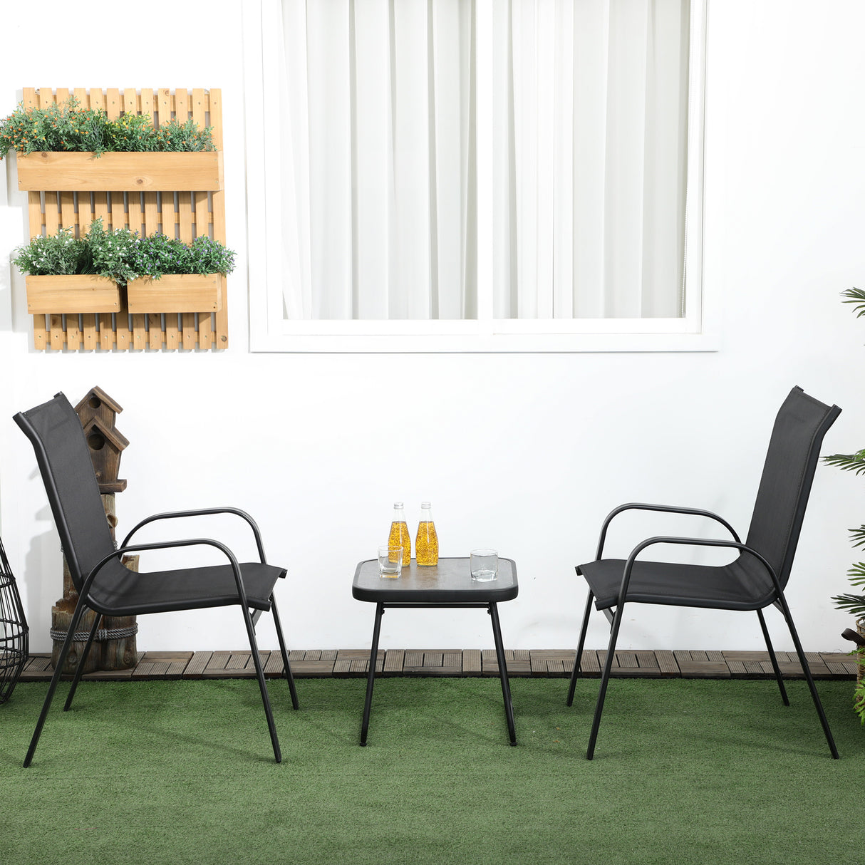 easycomfort easycomfort set da giardino 3 pezzi con tavolino e 2 sedie impilabili in acciaio e tessuto traforato nero