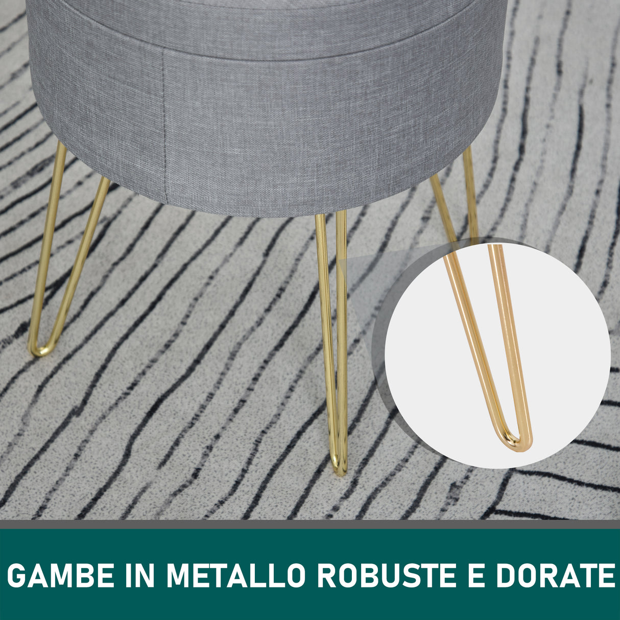 easycomfort easycomfort sgabello rotondo con vano contenitore in tessuto grigio e oro 36x36x45cm