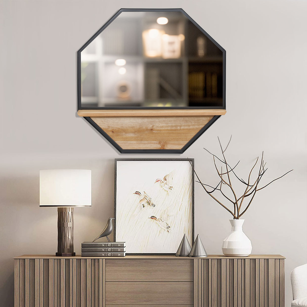 easycomfort easycomfort specchio da parete ottagonale in metallo con mensola in legno 61x61cm nero