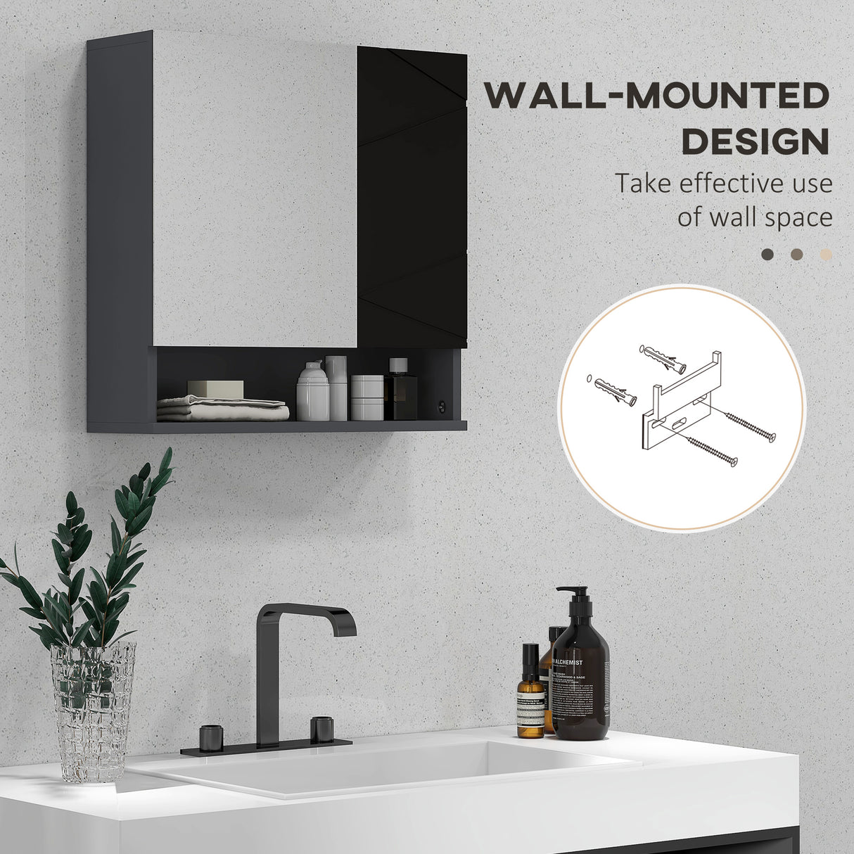 easycomfort easycomfort armadietto con specchiera bagno a 2 ante e mensole regolabili in legno 55x17x55cm nero
