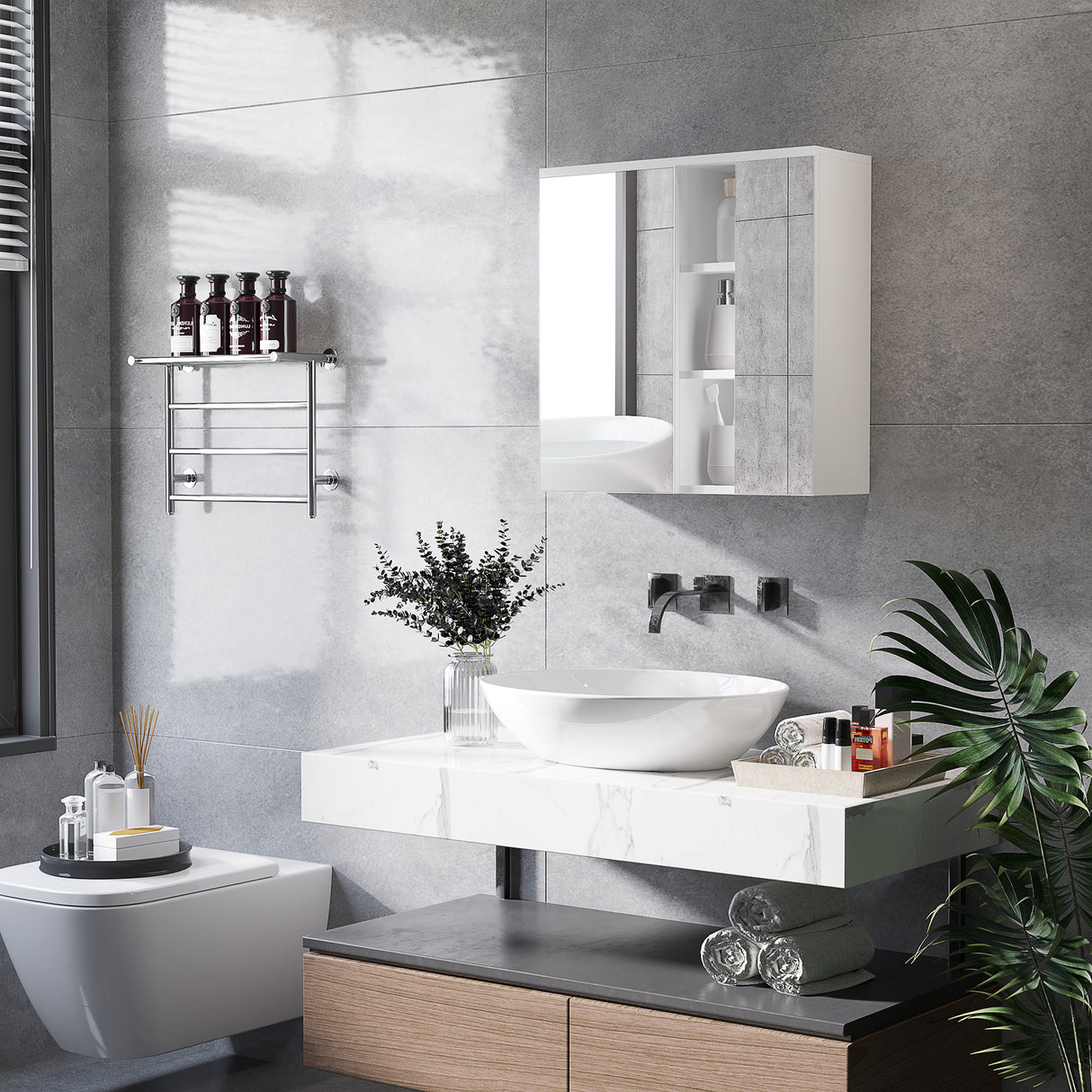 easycomfort easycomfort armadietto specchiera bagno 2 ante con ripiani aperti e mensole regolabili 60x20x61cm bianco
