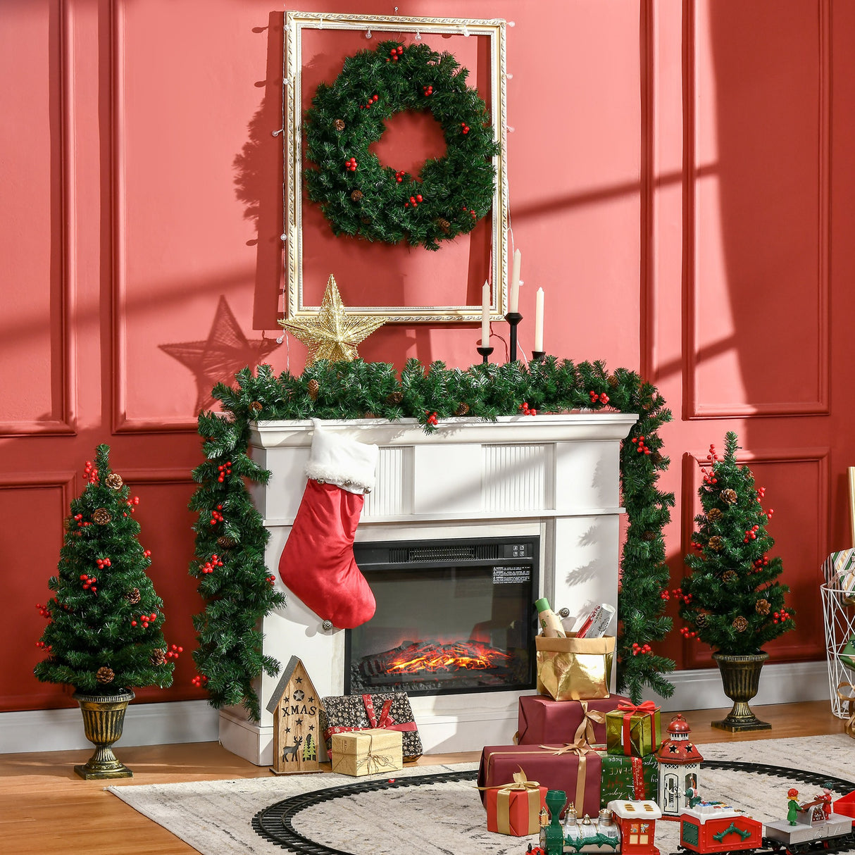 easycomfort easycomfort decorazioni natalizie set 4 pezzi con 2 alberelli di natale 40x90 cm ghirlanda natalizia e corona di natale