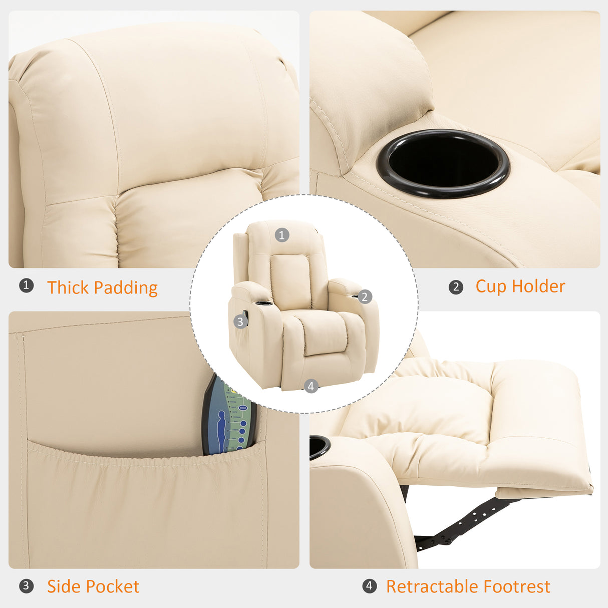 easycomfort easycomfort poltrona massaggiante a 8 punti reclinabile con portabicchieri e telecomando 85x94x104 cm beige