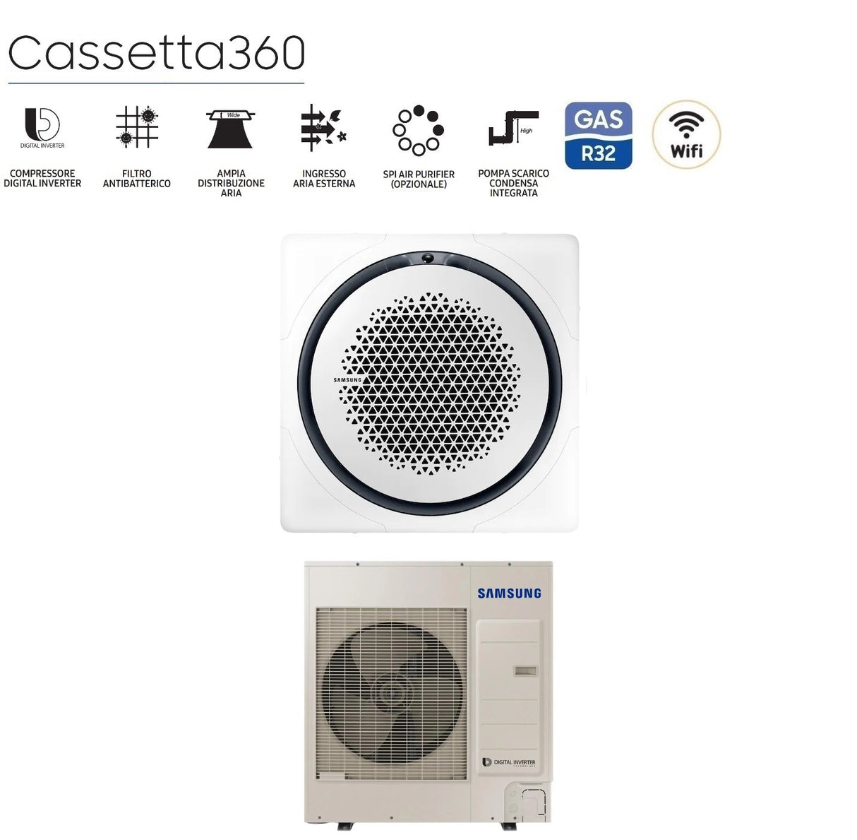 climatizzatore condizionatore samsung inverter cassetta 360 42000 btu ac120mn4pkh eu trifase r 410 wi fi optional con comando wireless incluso disponibili vari pannelli