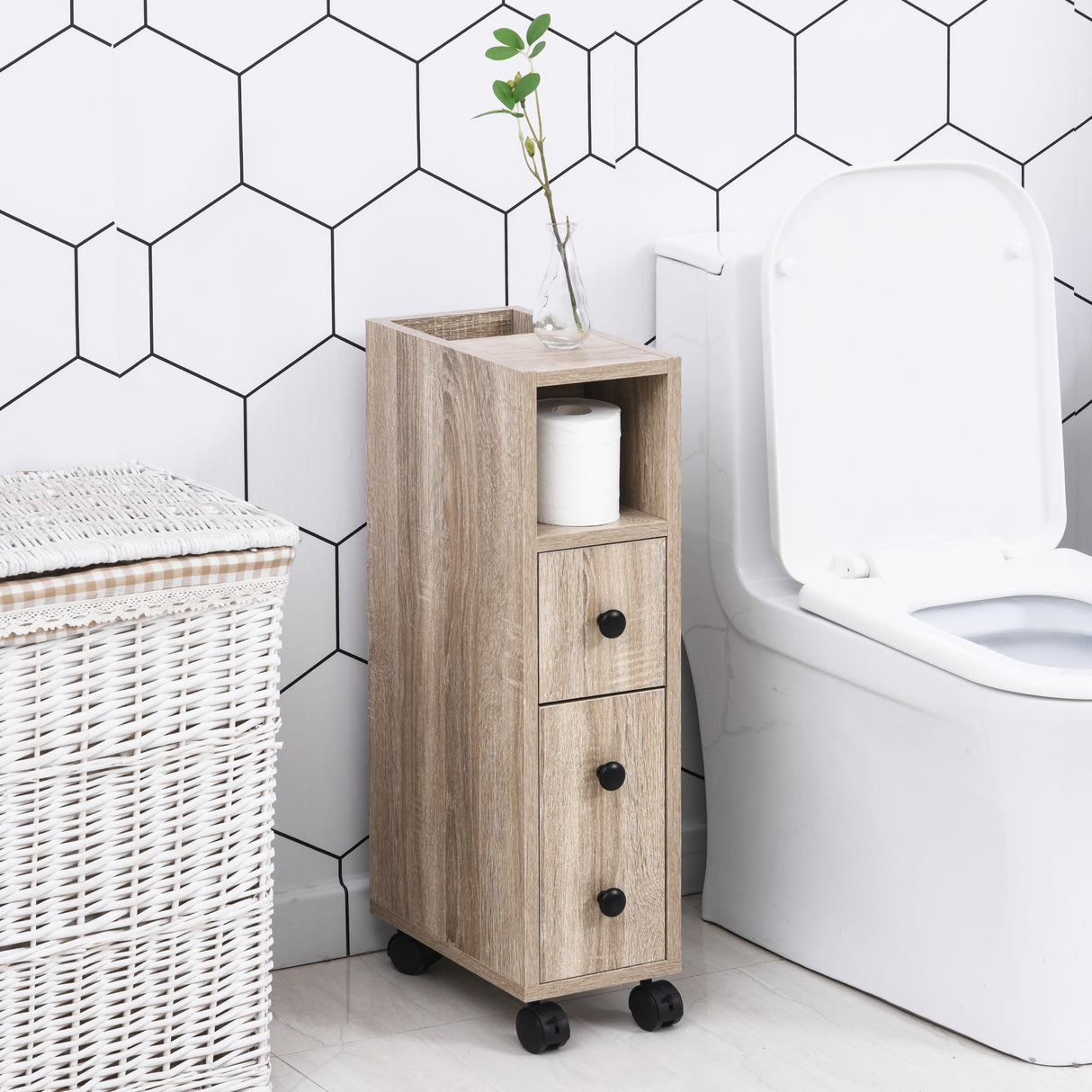 easycomfort easycomfort armadietto da bagno a colonna mobile bagno con 4 ruote 1 cassetto 1 armadietto con anta 2 armadietti aperti color rovere 18x30x68 5 cm ean 8054111841085