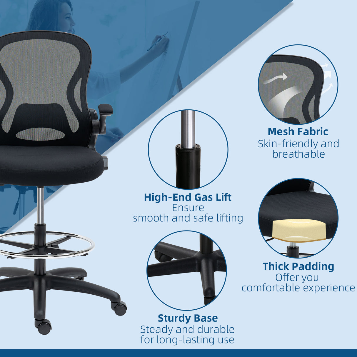 easycomfort easycomfort sedia da ufficio ergonomica in tessuto traspirante con altezza regolabile e braccioli ribaltabili 59x65x110 130 cm