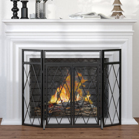 immagine-2-easycomfort-easycomfort-parascintille-per-camino-in-metallo-con-3-pannelli-pieghevoli-e-2-porte-120x11-5x79cm-nero